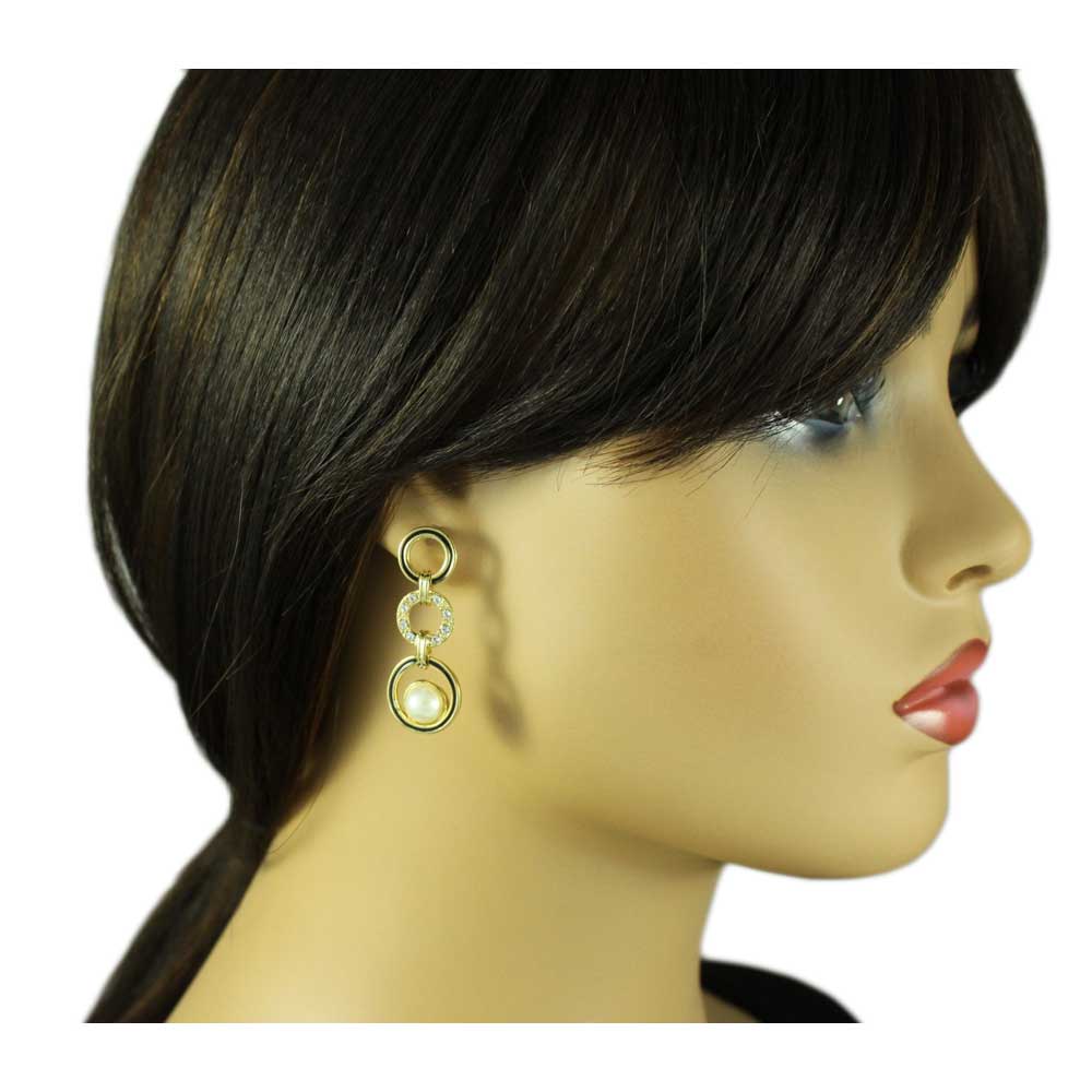 Black Enamel and Clear Crystal Circles Pearl Pierced Earring - PRE934 - Lilylin Designs