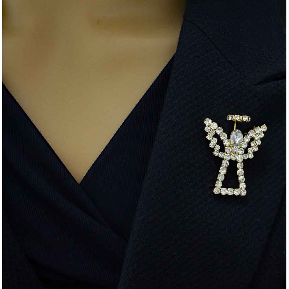 Gold Sparkling Crystal Angel with Crystal Halo Brooch Pin - PRF241G - Lilylin Designs