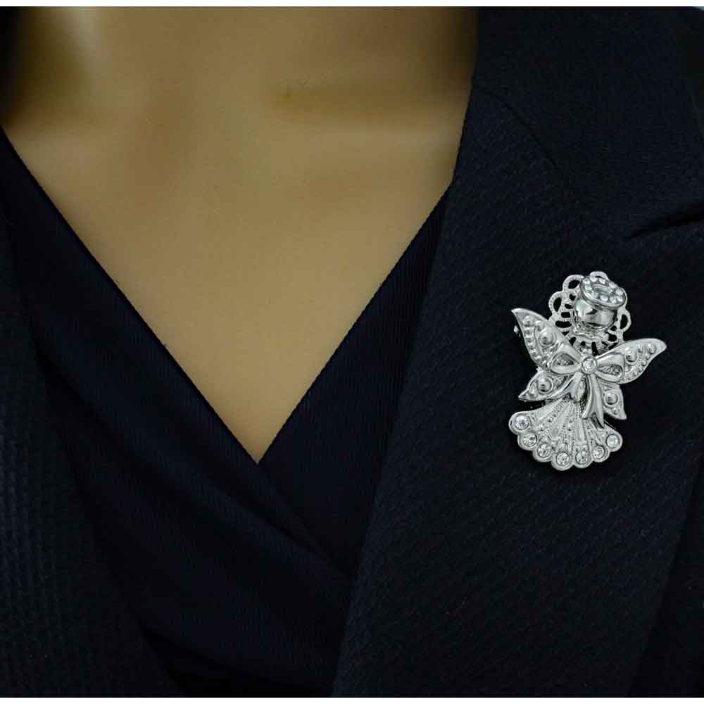 Crystal Angel Brooch Pin with Bow and Large Wings Pin - PRF243 - Lilylin Designs