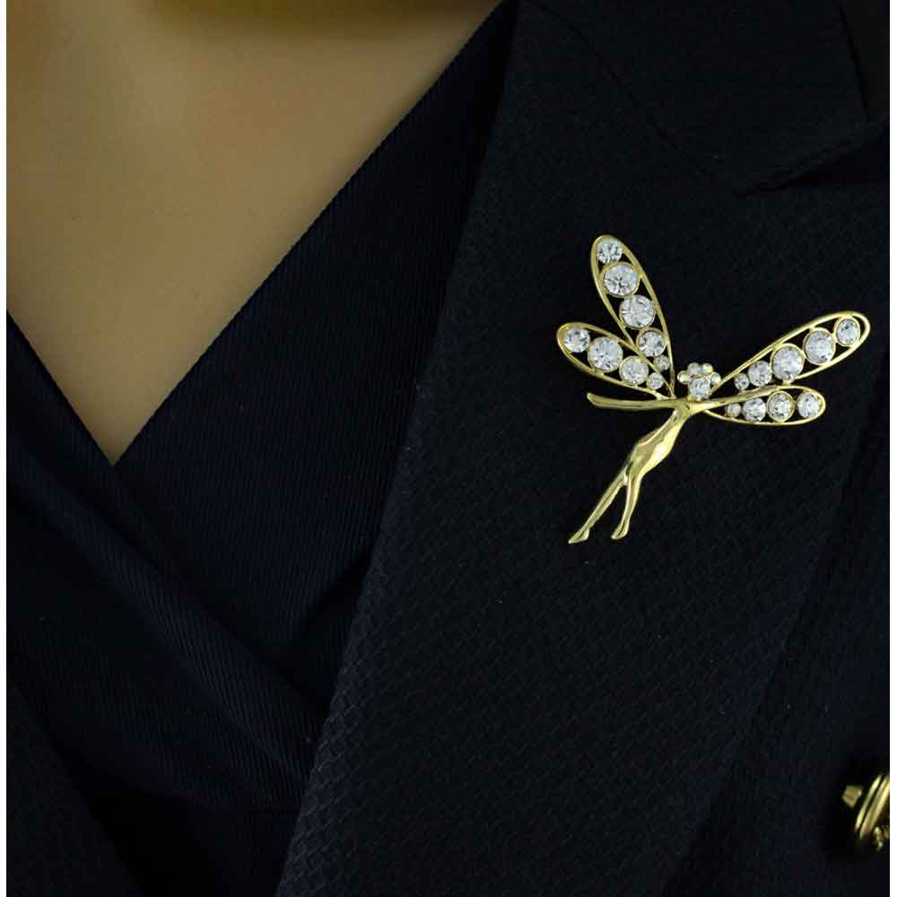 Gold and Crystal Fairy with Large Wings Brooch Pin - PRF271 - Lilylin Designs