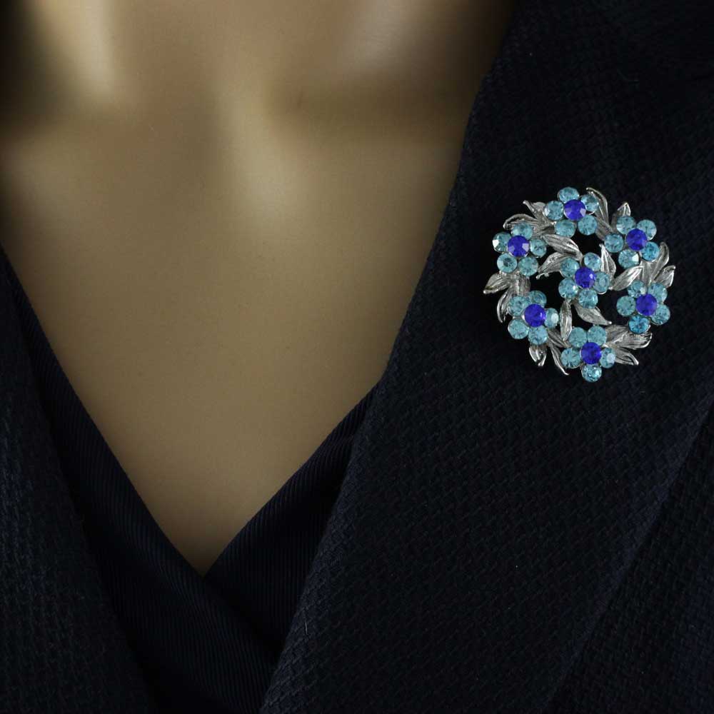 Blue Crystal Daisies Wreath Flower Brooch Pin - PRF312 - Lilylin Designs