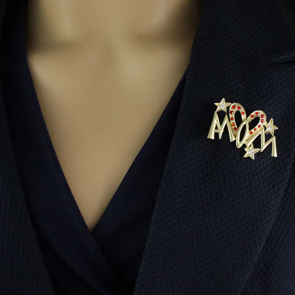 Model wearing Gold Red Crystal Elongated Heart MOM Pin and Earring Set | Lilylin Designs