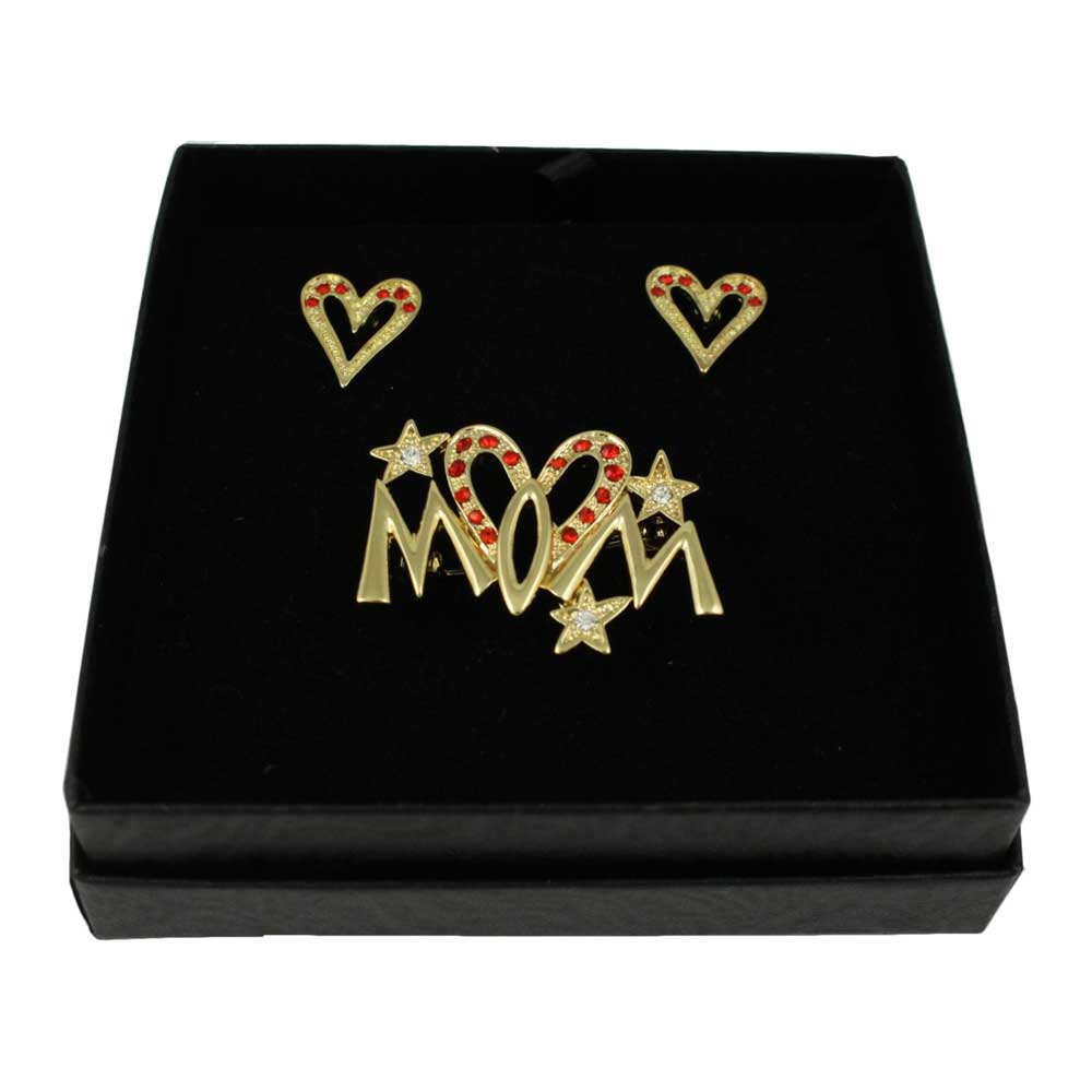 Lilylin Designs Gold Red Crystal Long Heart MOM Pin and Earring Set