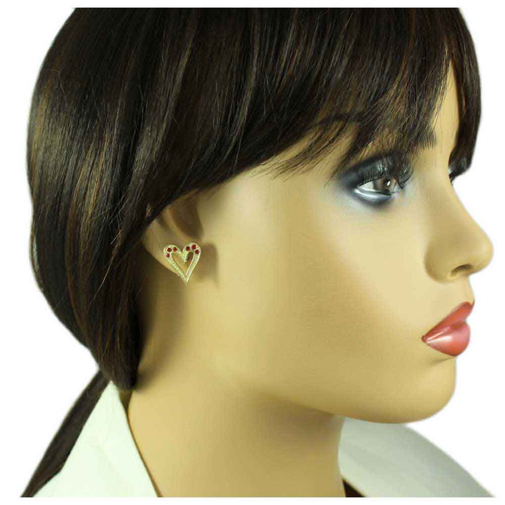 Gold with Red Crystals Elongated Heart Pierced Earring - PRF320E - Lilylin Designs