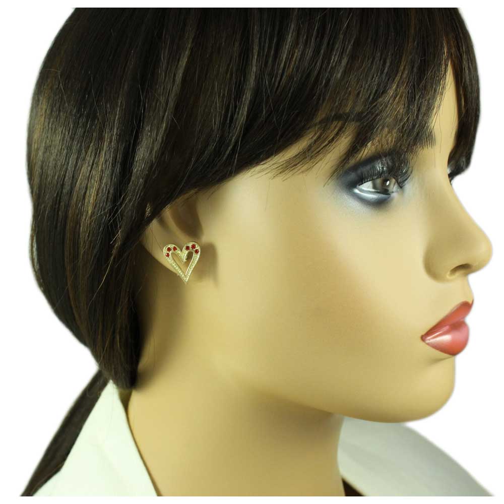 Model wearing Gold Red Crystal Elongated Heart MOM Pin and Earring Set | Lilylin Designs