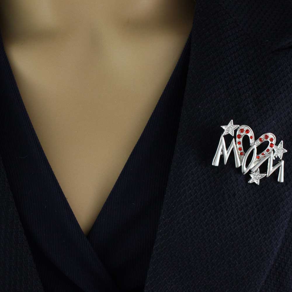 Model wearing Silver Red Crystal Long Heart MOM Pin and Earring Set | Lilylin Designs