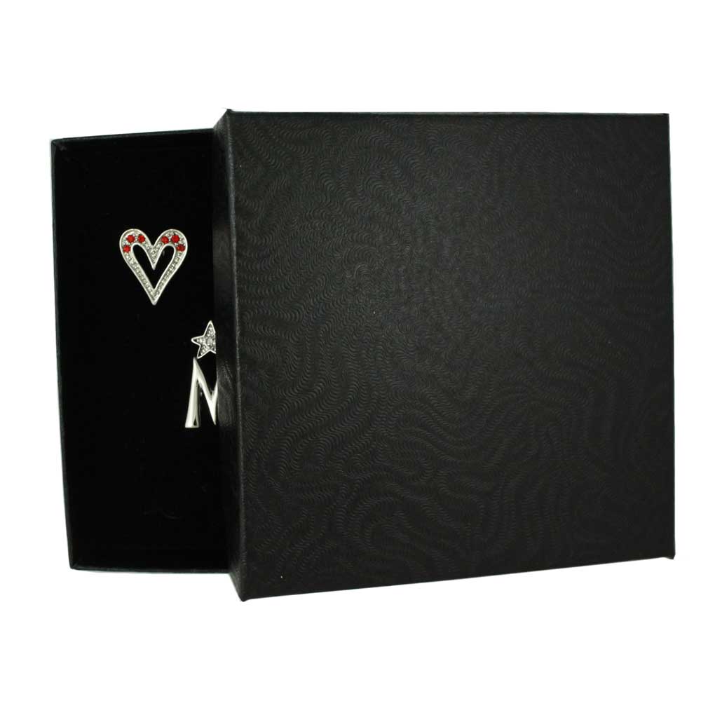 Silver Red Crystal Long Heart MOM Pin and Earring Set - PRF320SBS - Lilylin Designs