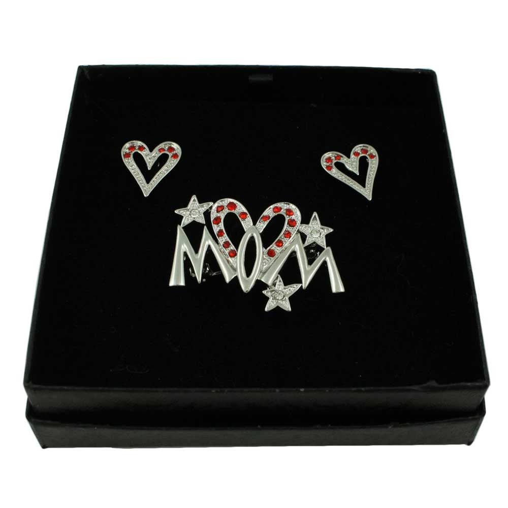 Silver Red Crystal Long Heart MOM Pin and Earring Set - PRF320SBS - Lilylin Designs