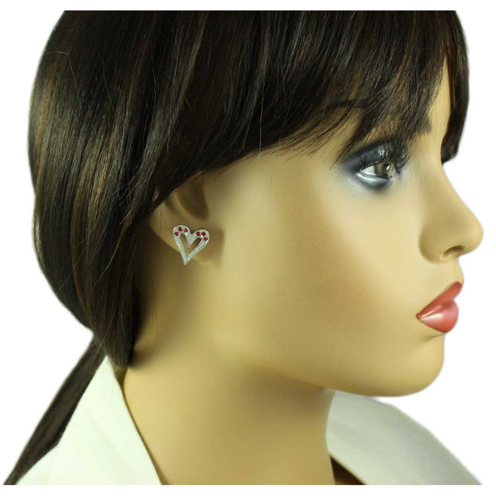 Model wearing Silver Red Crystal Long Heart MOM Pin and Earring Set | Lilylin Designs