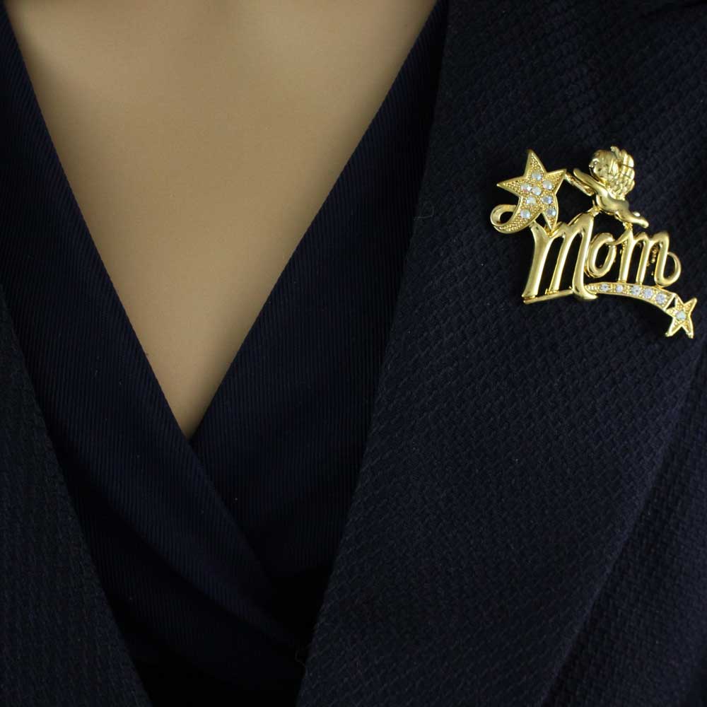 Gold MOM Cherub and Crystal Shooting Star Brooch Pin - PRF321 - Lilylin Designs