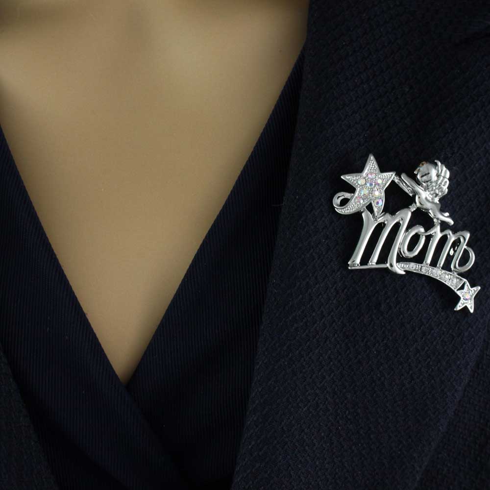 Silver MOM Cherub and Crystal Shooting Star Brooch Pin - PRF321S - Lilylin Designs