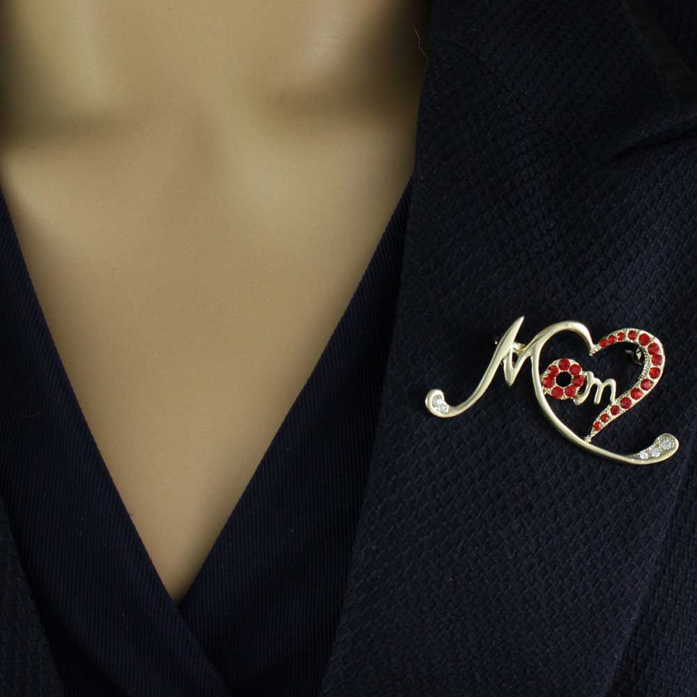 Gold Stylized Red Crystal Heart MOM Pin and Earring Set - PRF323BS - Lilylin Designs