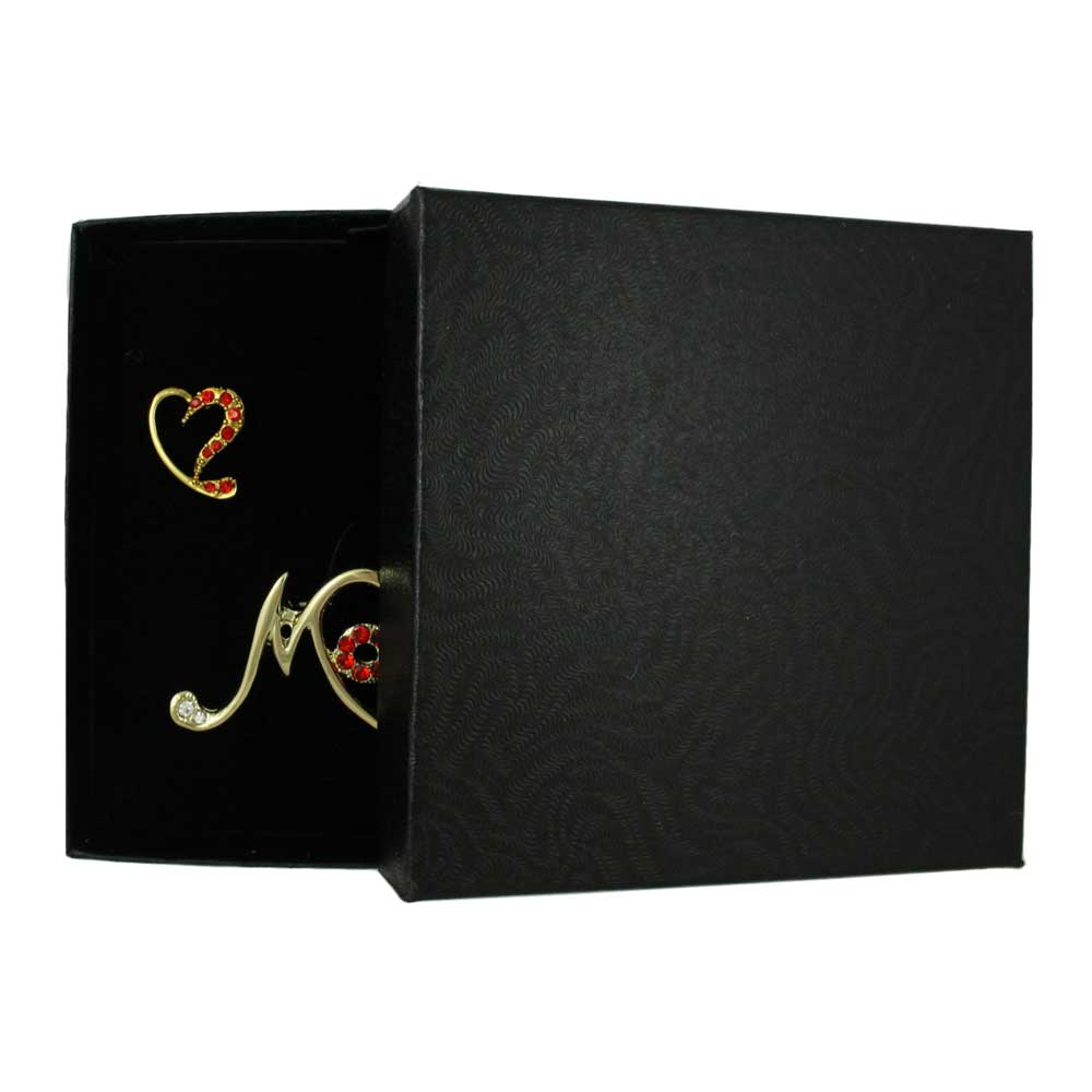 Gold Stylized Red Crystal Heart MOM Pin and Earring Set - PRF323BS - Lilylin Designs