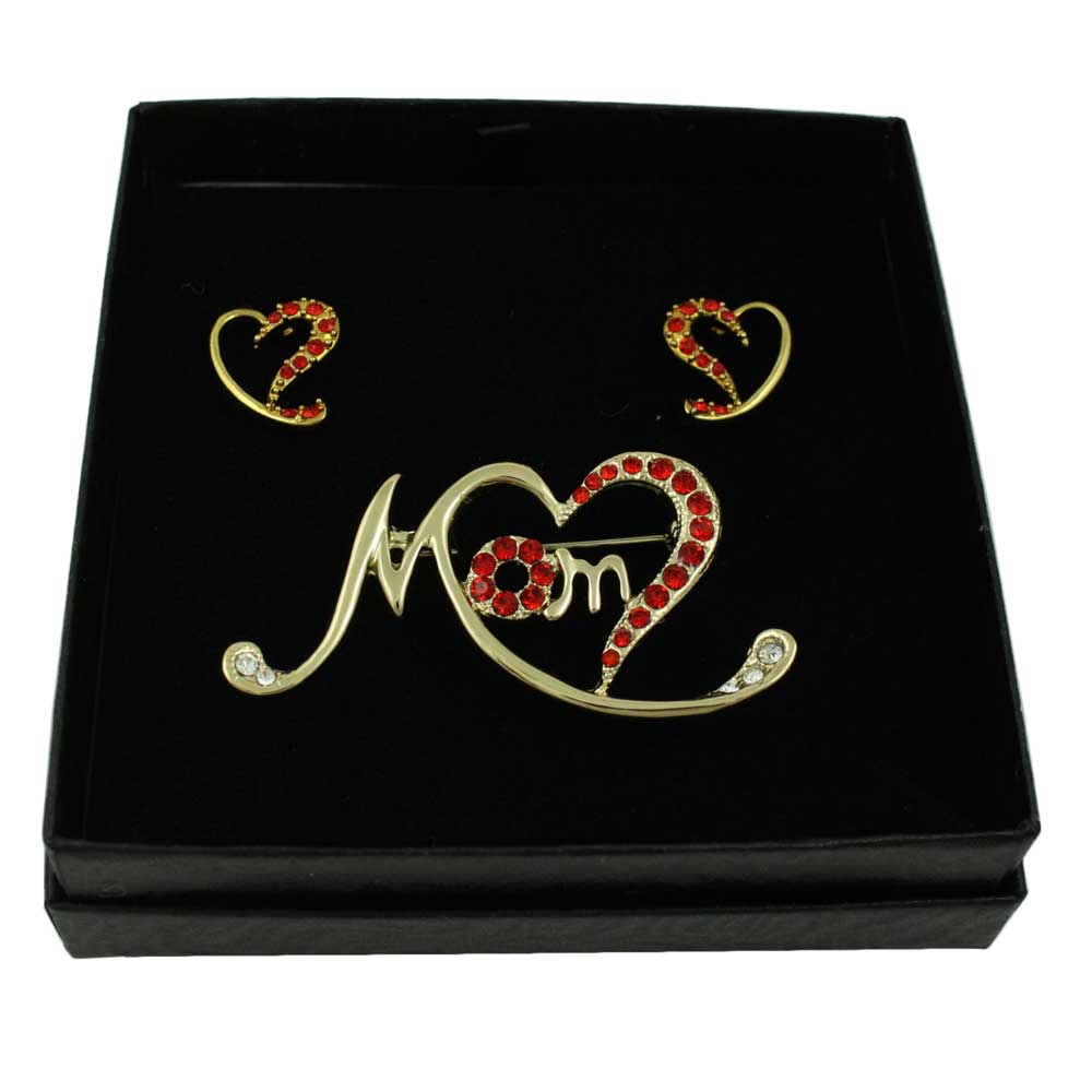 Gold Stylized Red Crystal Heart MOM Pin and Earring Set - PRF323BS - Lilylin Designs