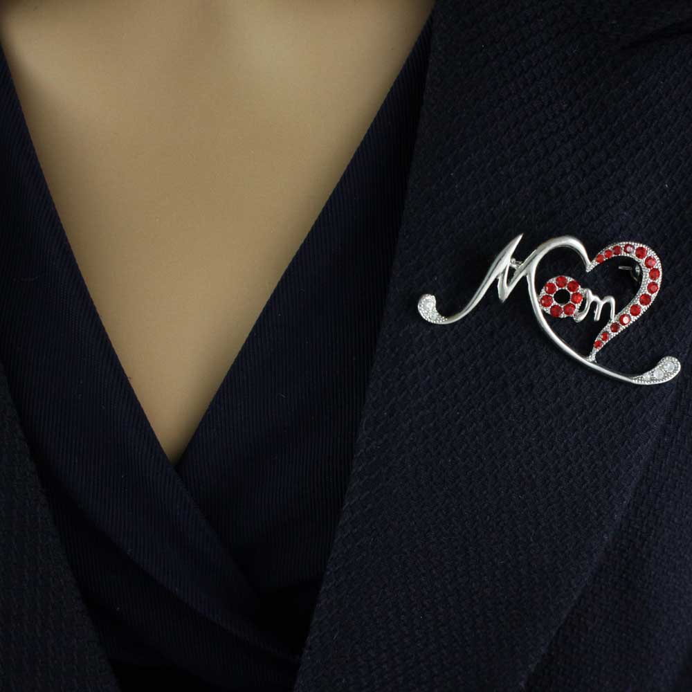 Silver Stylized Open Heart with Red Crystals MOM Pin - PRF323S - Lilylin Designs