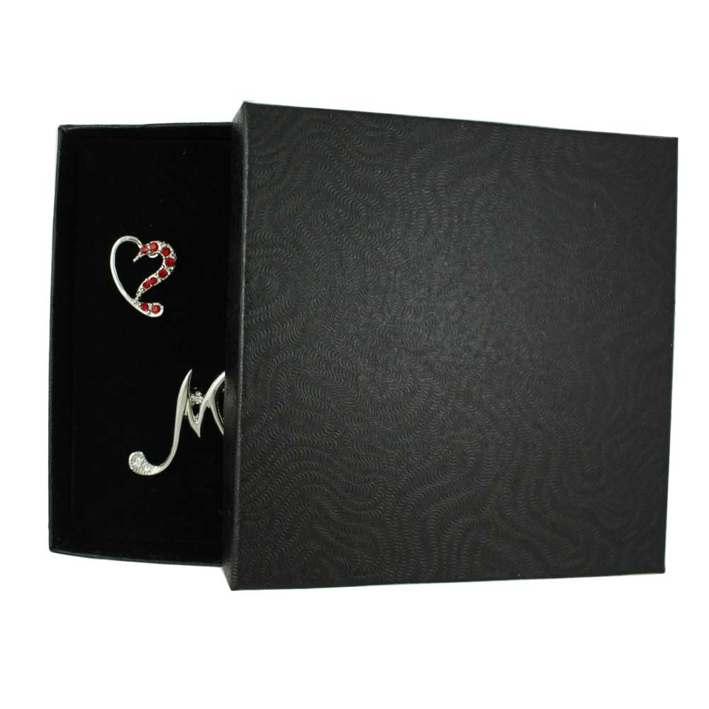 Silver Stylized Red Heart MOM Pin and Earring Set - PRF323SBS - Lilylin Designs