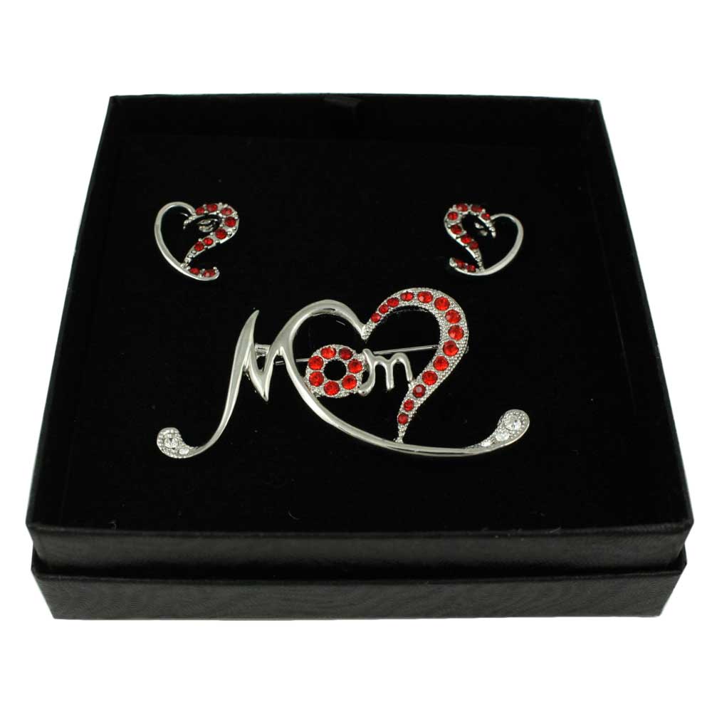 Silver Stylized Red Heart MOM Pin and Earring Set in Gift Box | Lilylin Designs