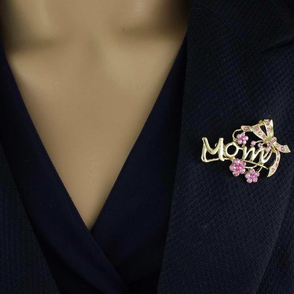 Gold with Pink Crystal Flowers and Bow MOM Brooch Pin - PRF324 - Lilylin Designs