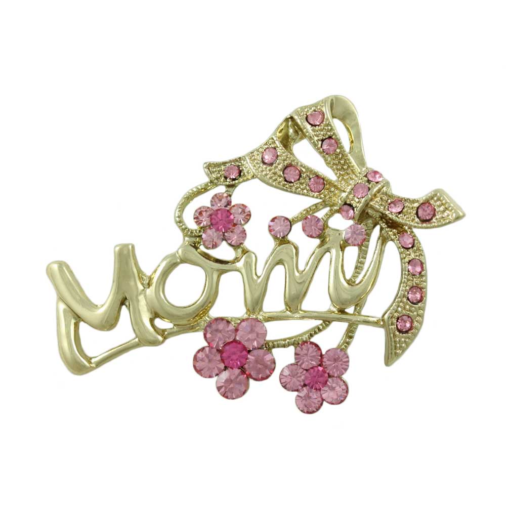 Gold with Pink Crystal Flowers and Bow MOM Brooch Pin - PRF324 - Lilylin Designs
