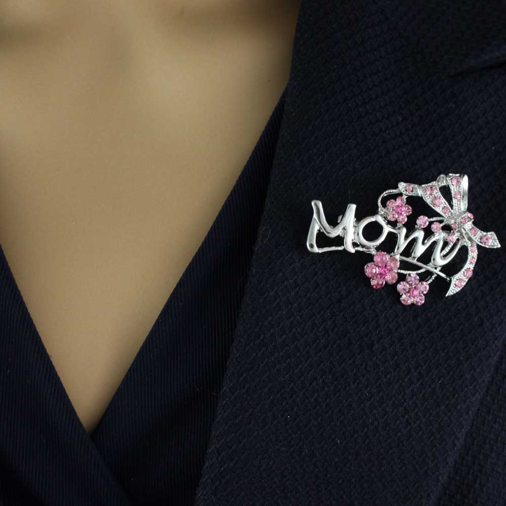 Silver with Pink Crystal Flowers and Bow MOM Brooch Pin - PRF324S - Lilylin Designs