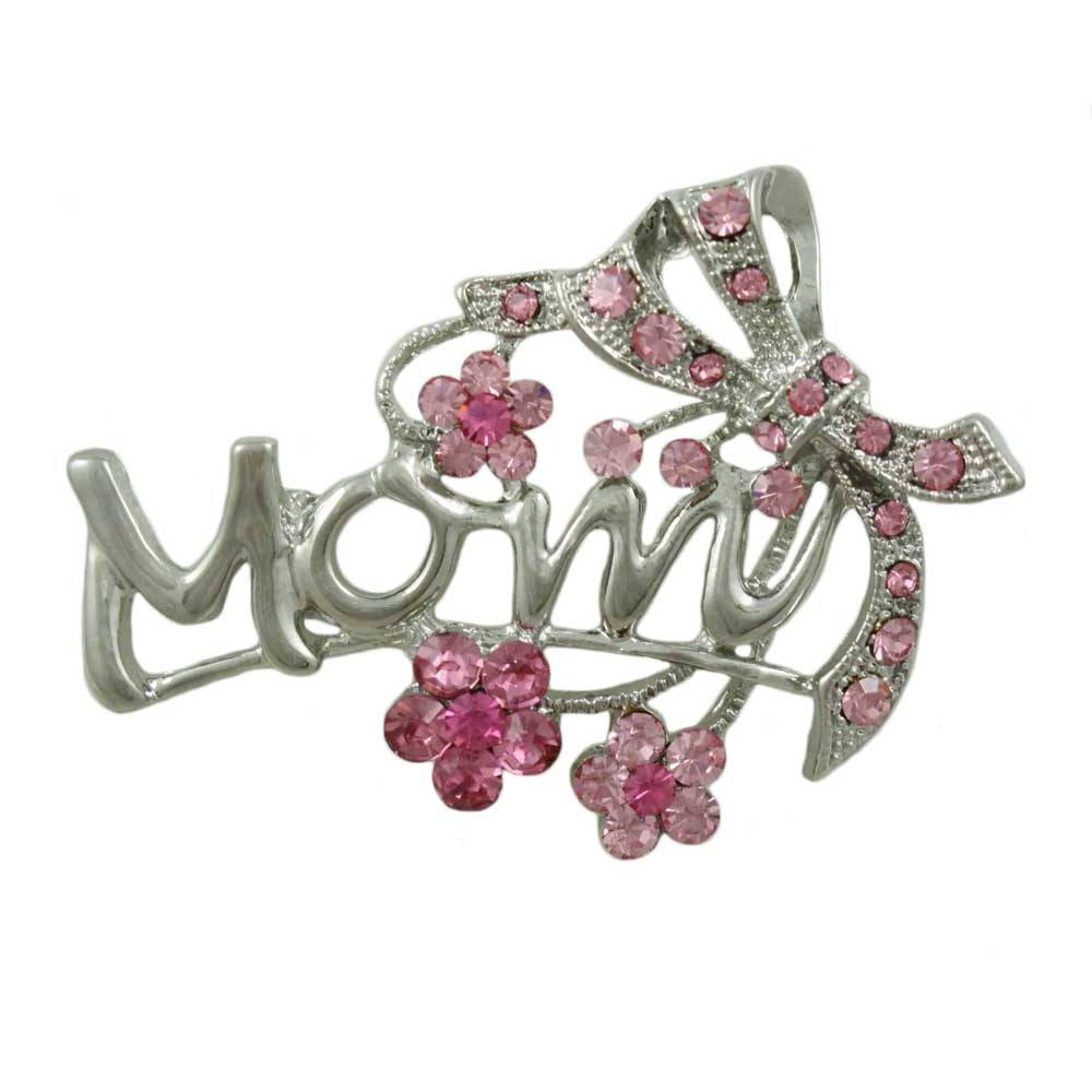 Silver with Pink Crystal Flowers and Bow MOM Brooch Pin - PRF324S - Lilylin Designs
