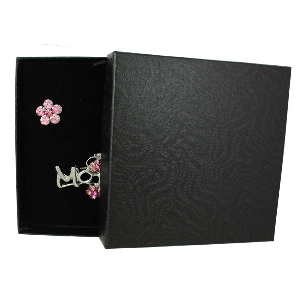 Silver MOM with Pink Bow Pin and Daisy Earring Gift Set - PRF324BS - Lilylin Designs