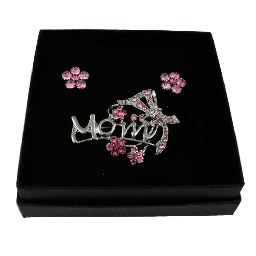 Silver MOM with Pink Bow Pin and Daisy Earring Gift Set - PRF324BS - Lilylin Designs
