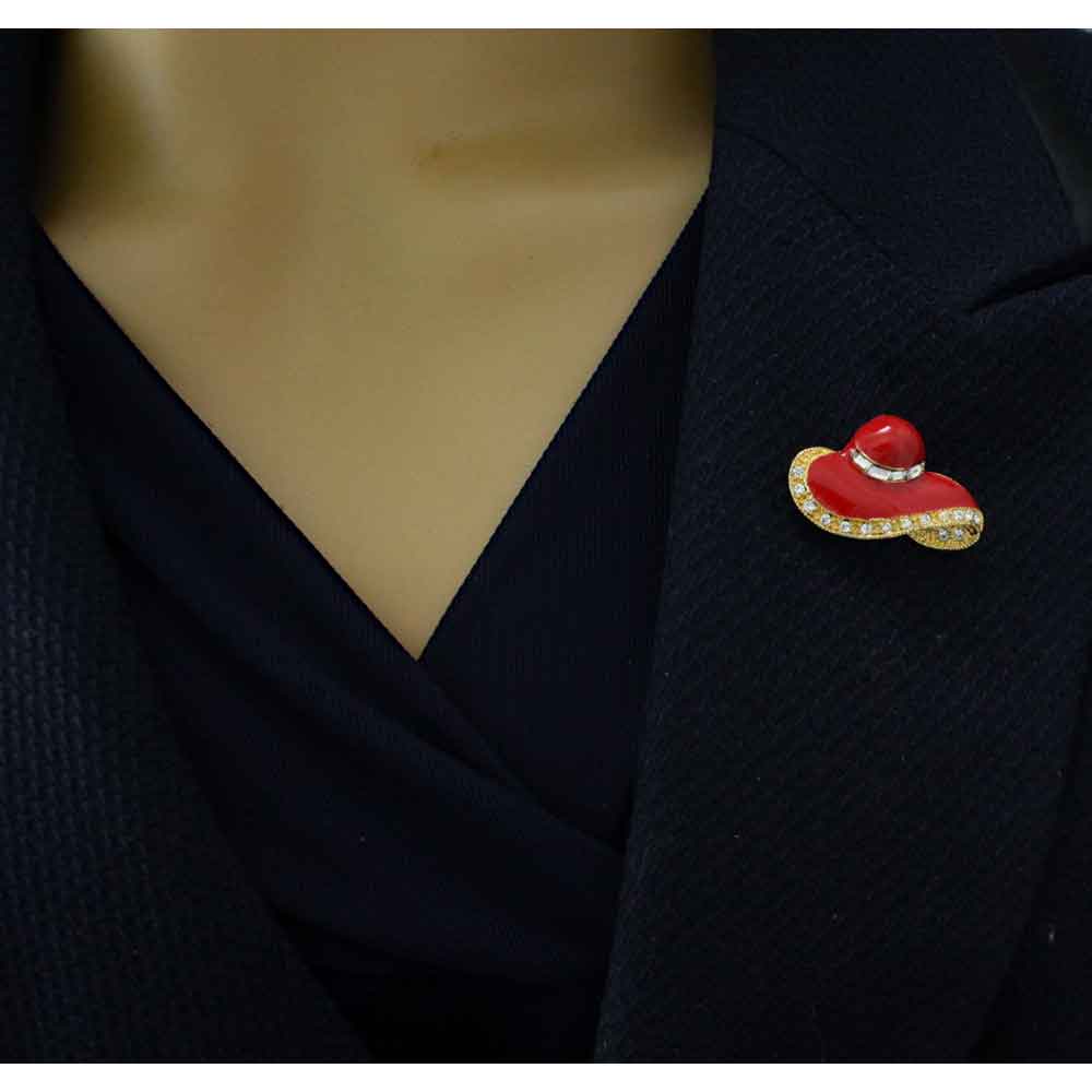Red Enamel and Crystal Lady's Hat Brooch Pin - PRF326 - Lilylin Designs