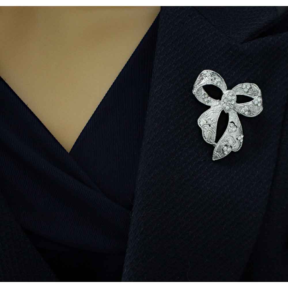 Textured Bow with Clear Crystals Brooch Pin - PRF331 - Lilylin Designs