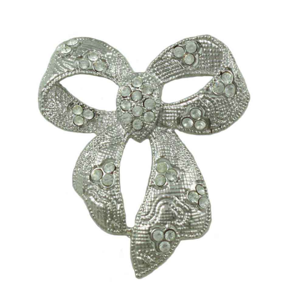 Lilylin Designs Textured Bow with Clear Crystals Brooch Pin