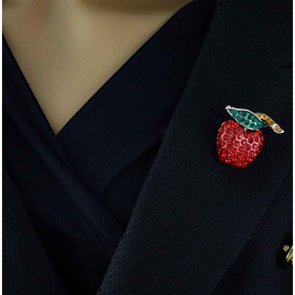 Red Crystal Apple Brooch Pin with Crystal Leaf and Stem - PRF333 - Lilylin Designs