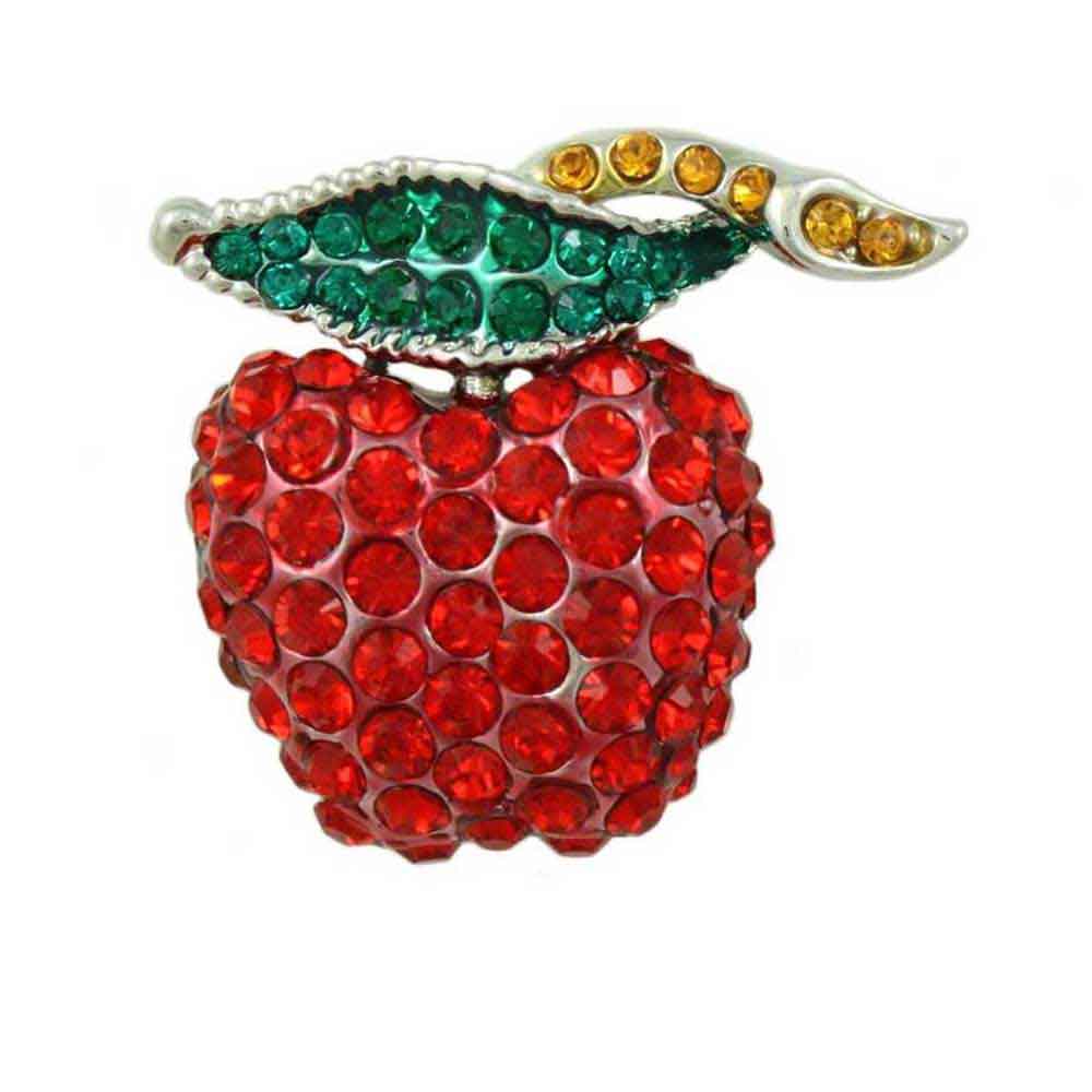Lilylin Designs Red Crystal Apple Brooch Pin with Crystal Leaf and Stem