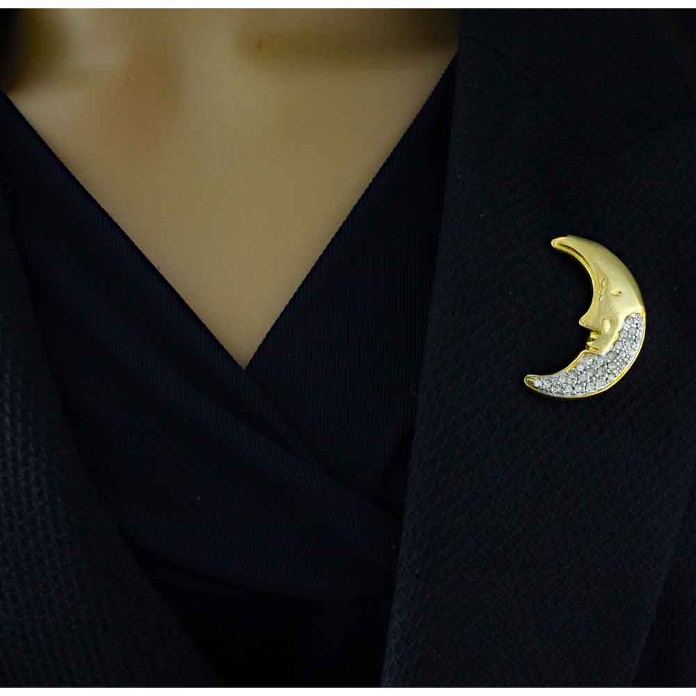 Gold Crystal Crescent Moon Brooch Pin - PRF337 - Lilylin Designs