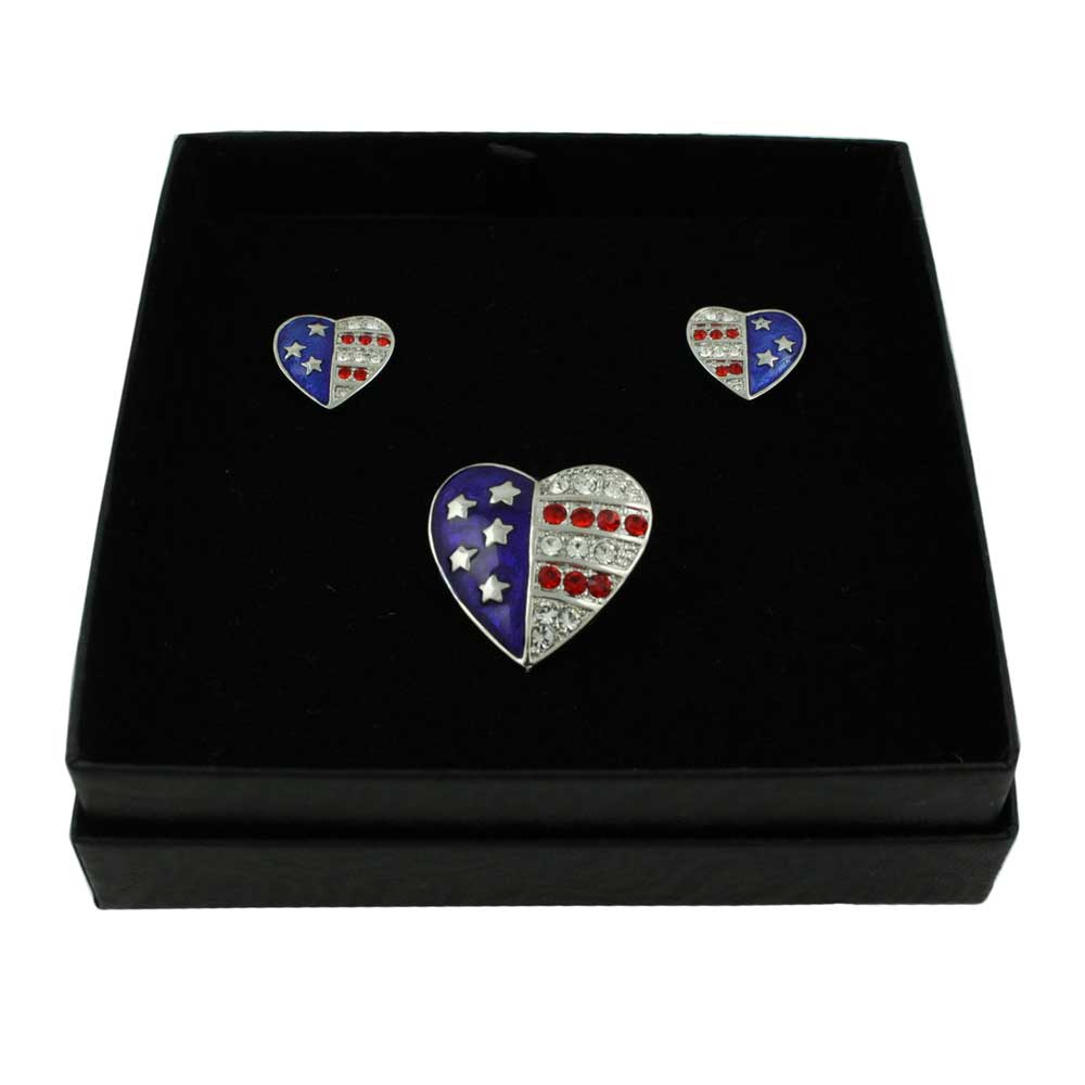 Silver Single Patriotic Heart Brooch Pin and Earring Gift Set - PRF353SBS - Lilylin Designs