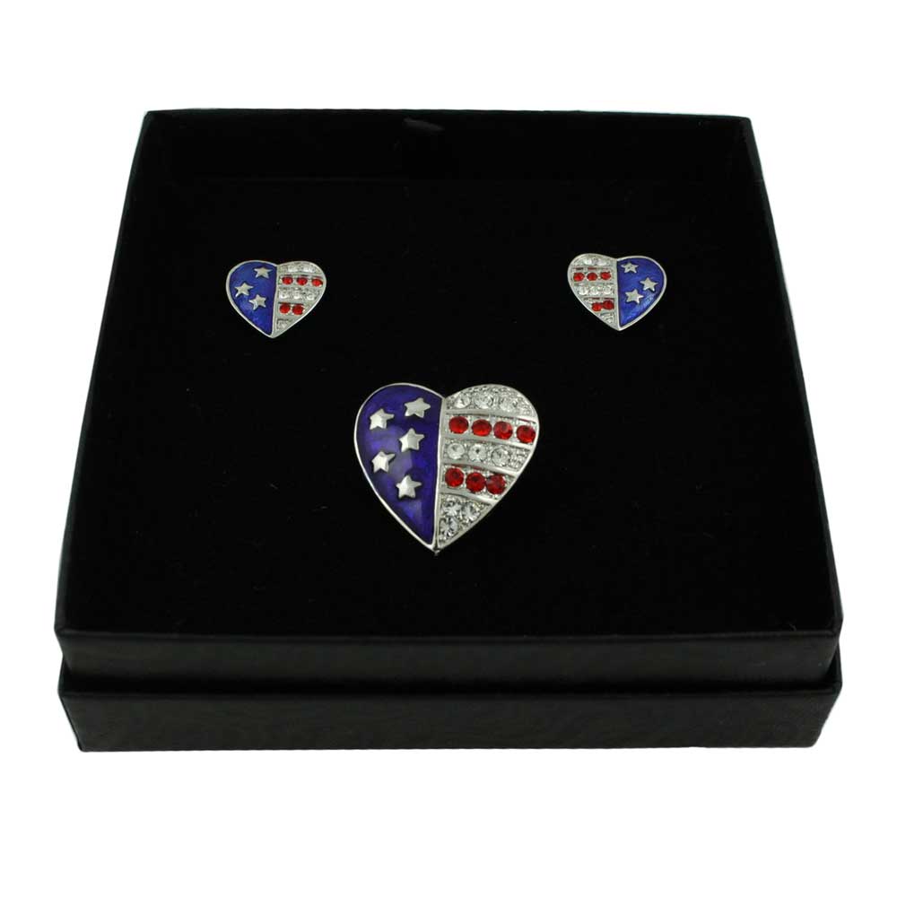 Silver Single Patriotic Heart Brooch Pin and Earring Gift Set - Lilylin Designs