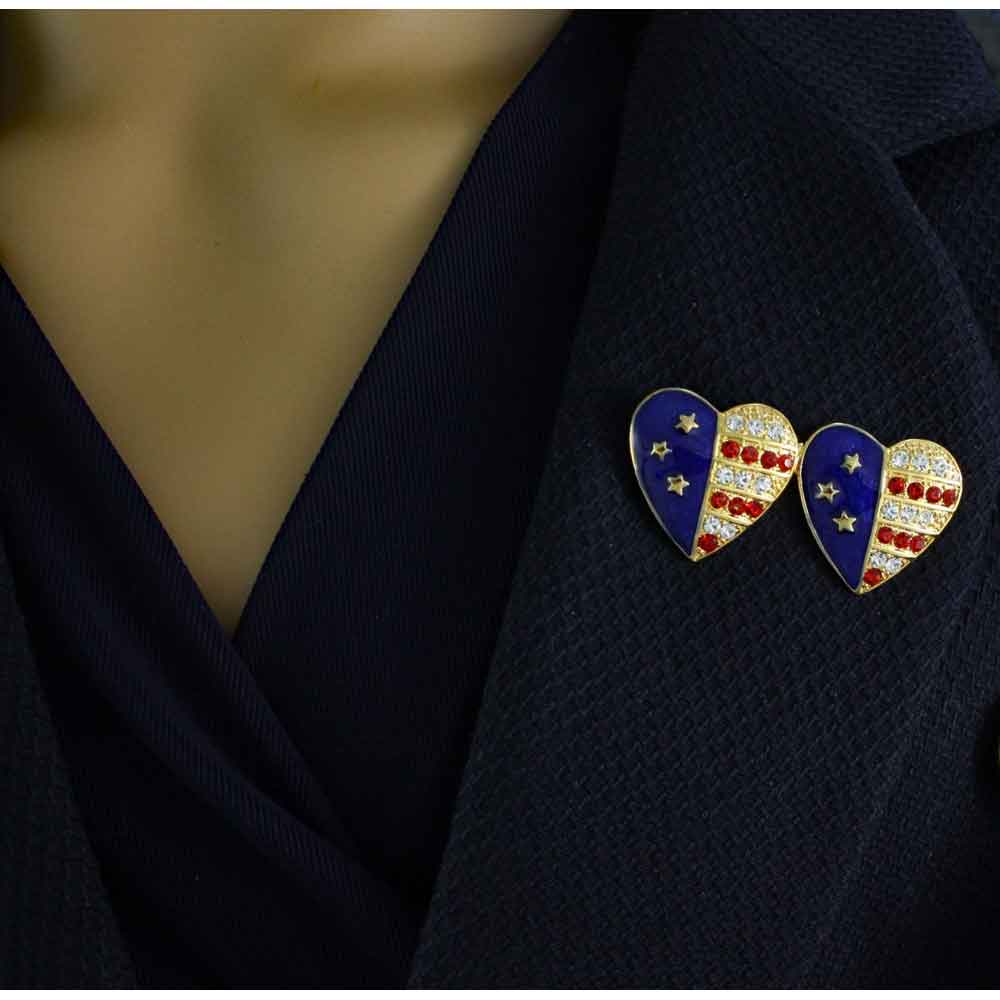 Gold Double Patriotic Heart Brooch Pin and Earring Boxed Set - PRF354BSC - Lilylin Designs