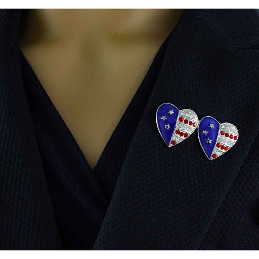 Silver Double Red White Blue Patriotic Hearts Brooch Pin - PRF354S - Lilylin Designs