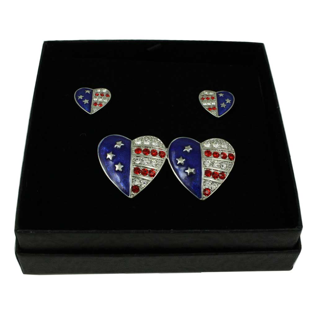 Silver Double Patriotic Hearts Brooch Pin and Earring Set - PRF354SBS - Lilylin Designs