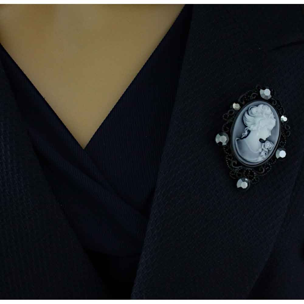 Black Cameo with Hematite Gray Crystals Brooch Pin - PRF361 - Lilylin Designs