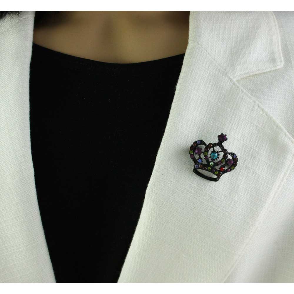 Black Crown with Bejeweled Crystals Brooch Pin - PRF362 - Lilylin Designs
