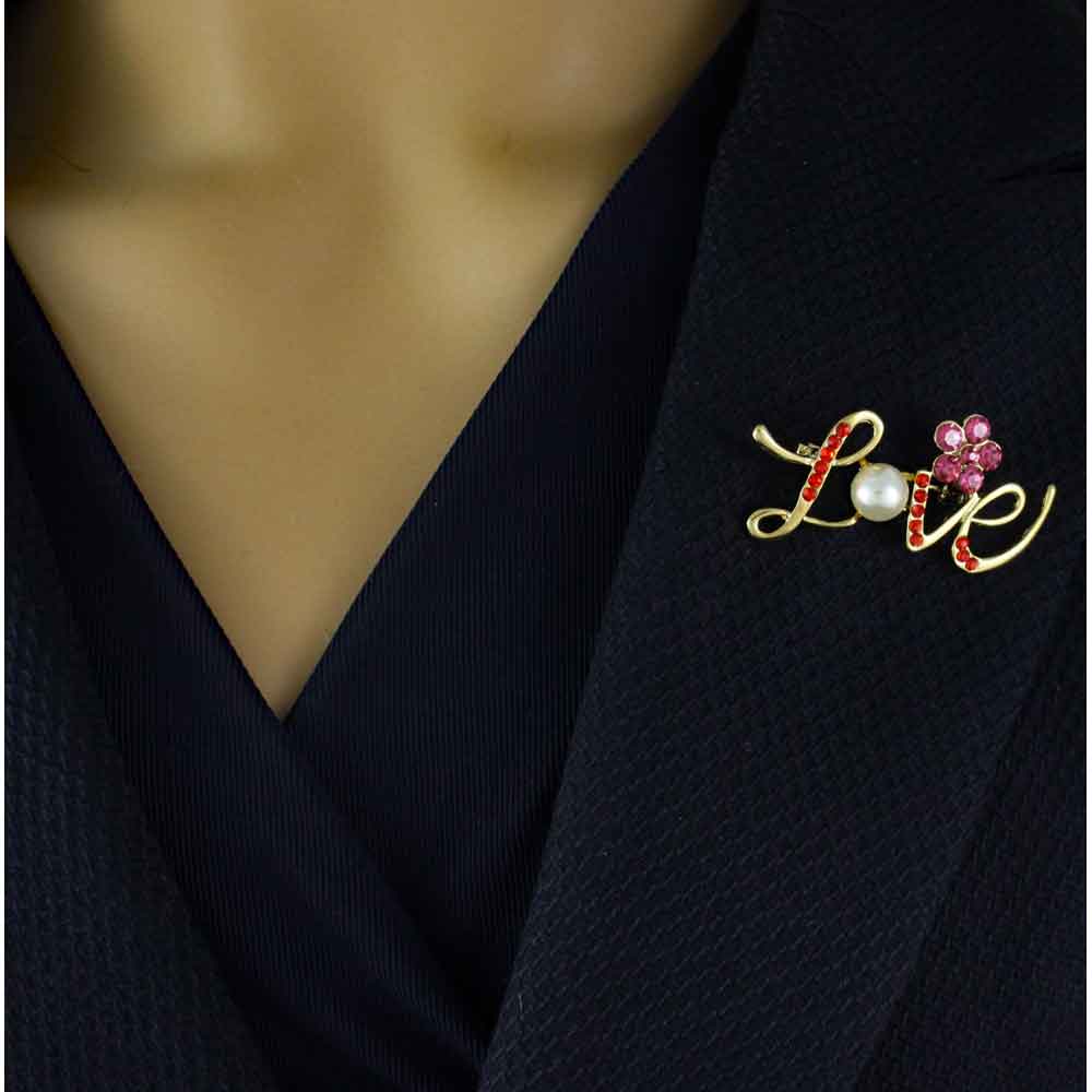 Red Crystal Love with Pearl and Crystal Daisy Brooch Pin - PRF412 - Lilylin Designs