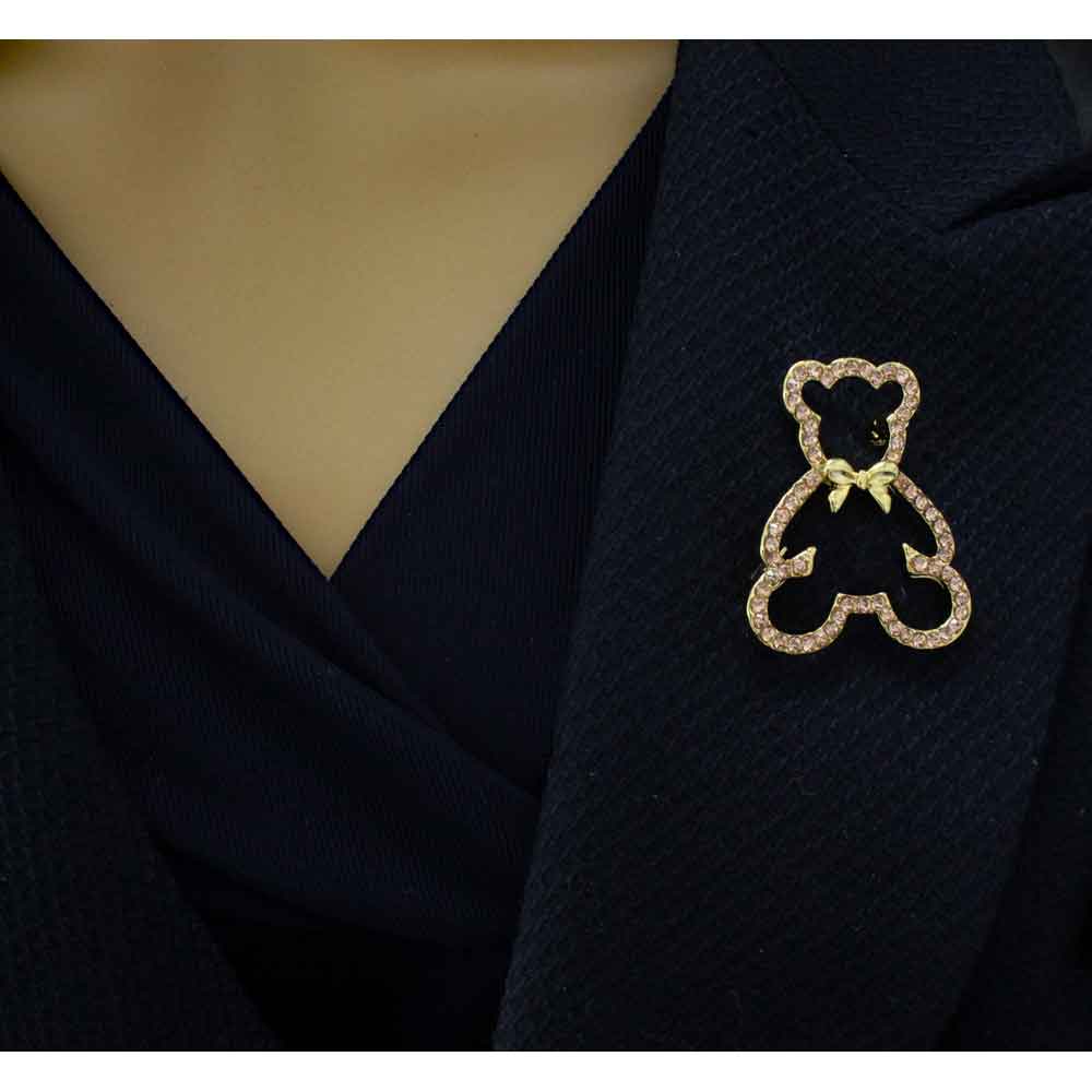 Light Brown Crystal Teddy Bear Brooch Pin - PRF413 - Lilylin Designs