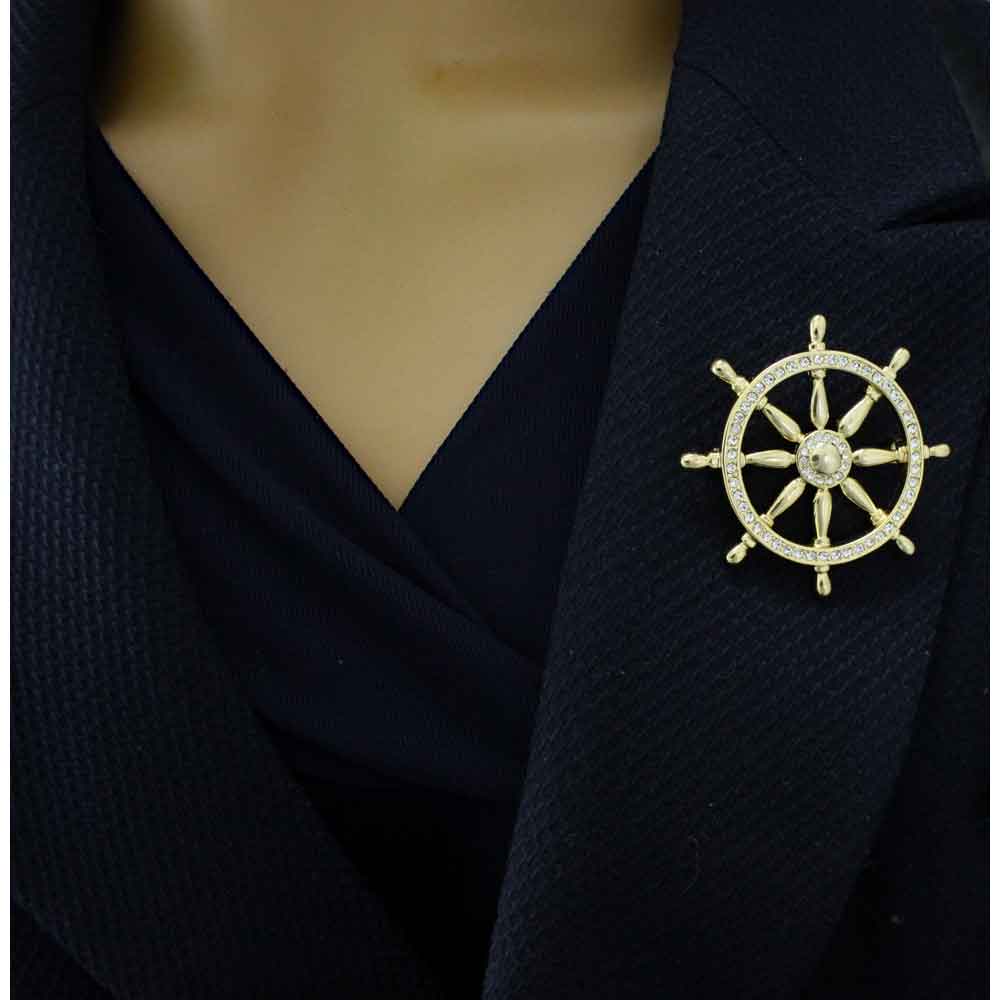 Gold Crystal Ship's Wheel Brooch Pin - PRF511 - Lilylin Designs