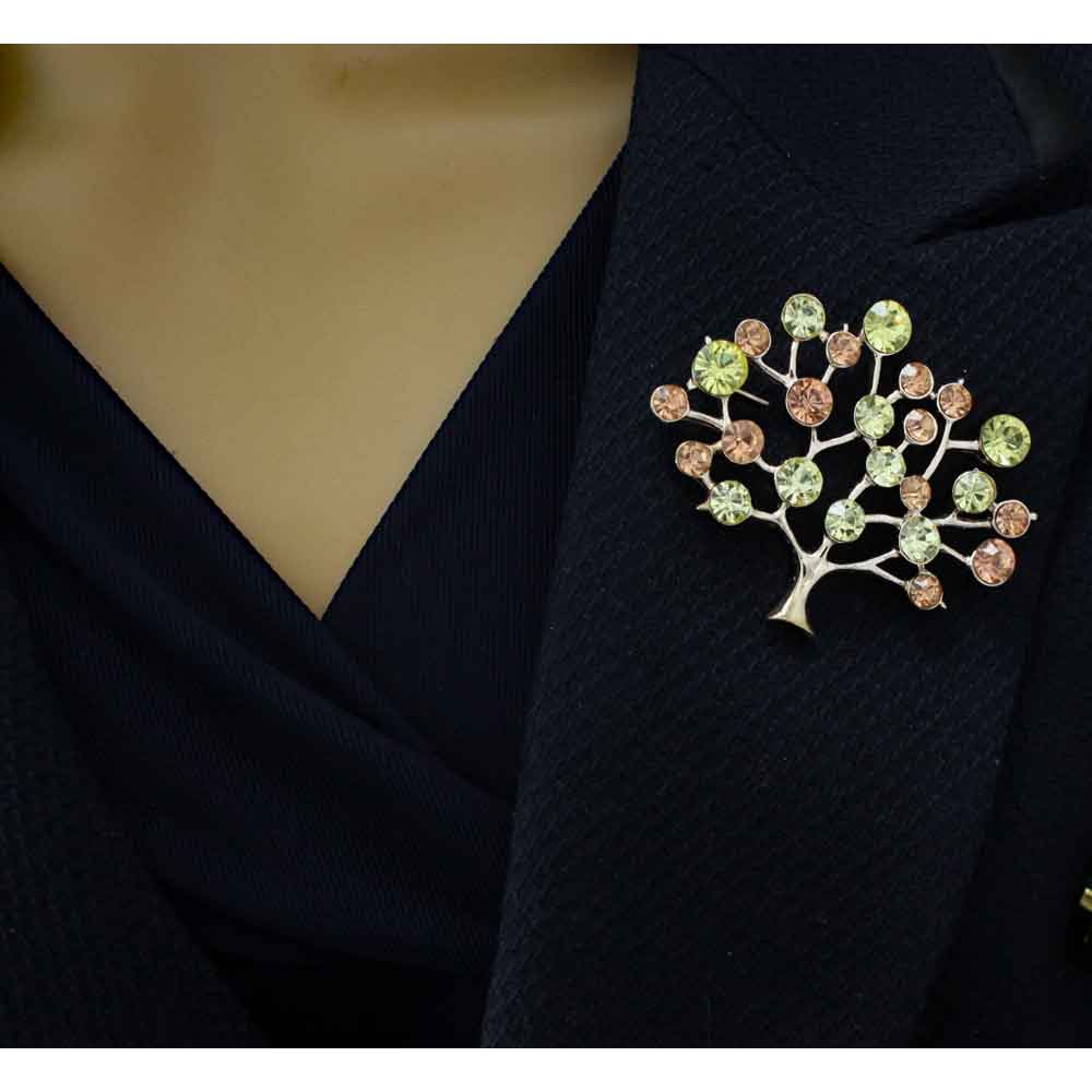 Green and Brown Crystal Tree of Life Brooch Pin - PRF517 - Lilylin Designs
