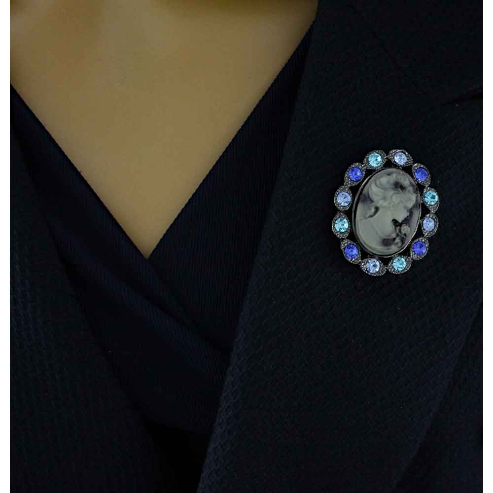 Cameo Brooch Pin with Assorted Blue Crystals - PRF601 - Lilylin Designs