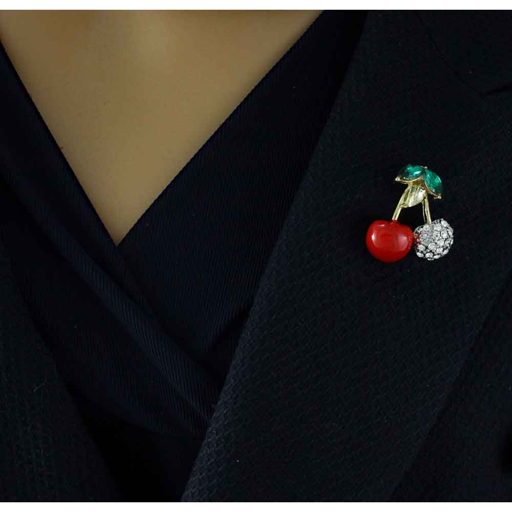 Red Enamel and Crystals Cherries Brooch Pin - PRF609C - Lilylin Designs
