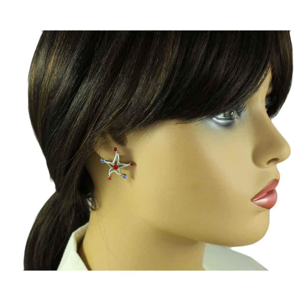 Red and Blue Crystal Patriotic Star Pierced Earring - PRF761E - Lilylin Designs