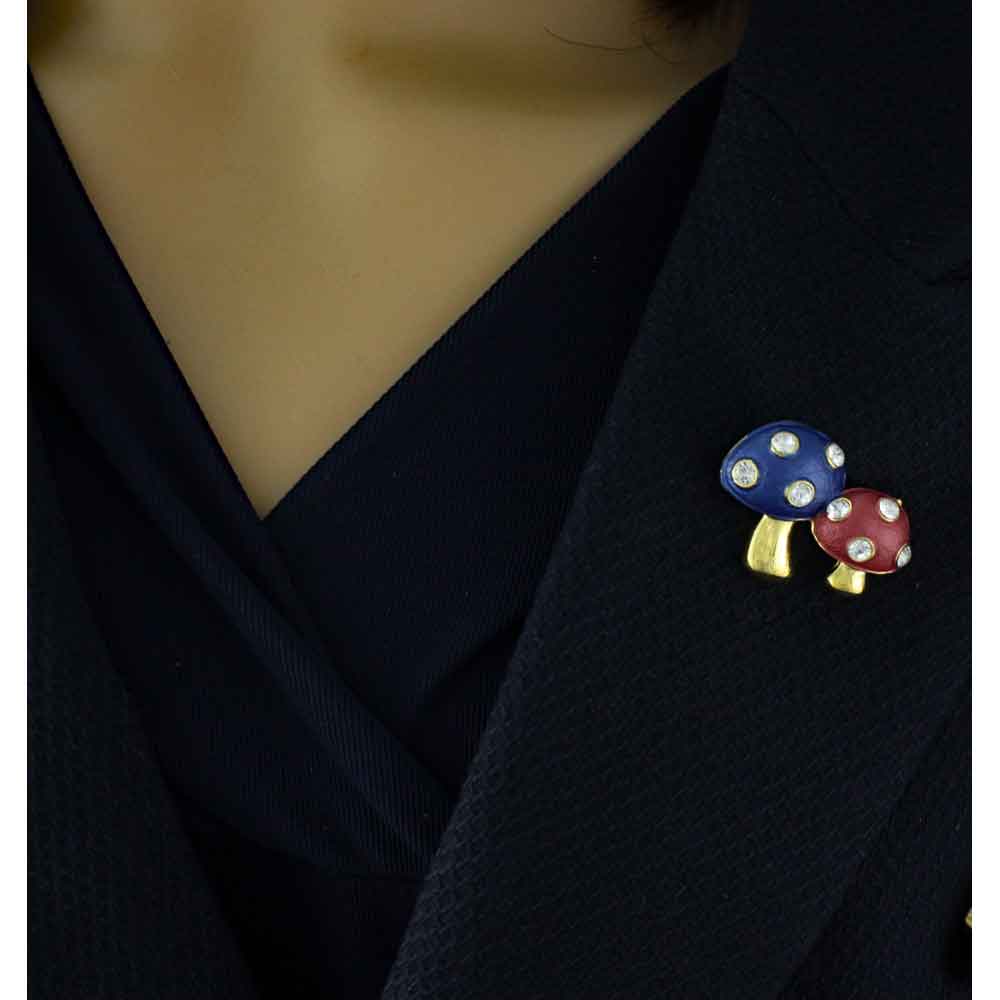 Blue and Red Enamel and Crystals Mushrooms Brooch Pin - PRF820 - Lilylin Designs