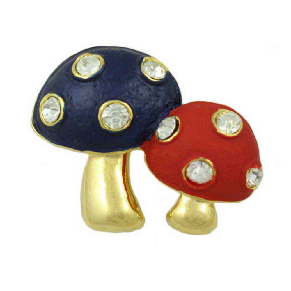 Lilylin Designs Blue and Red Enamel and Crystals Mushrooms Brooch Pin
