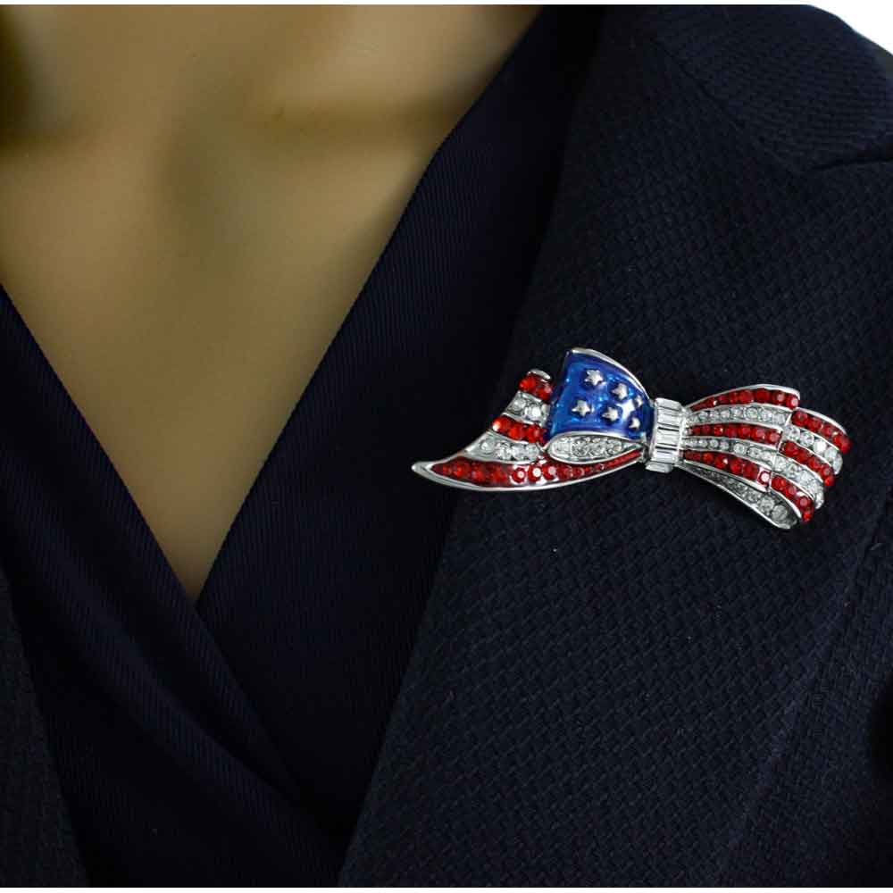 Silver Red White Blue Patriotic Bow Brooch Pin - PRF846S - Lilylin Designs